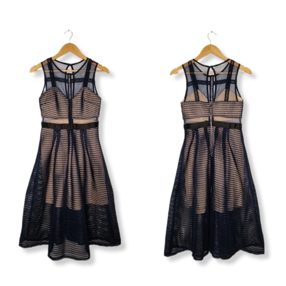 L'atiste Navy Sheer Mesh Lace Sleeveless Midi Dress Size Small NWT